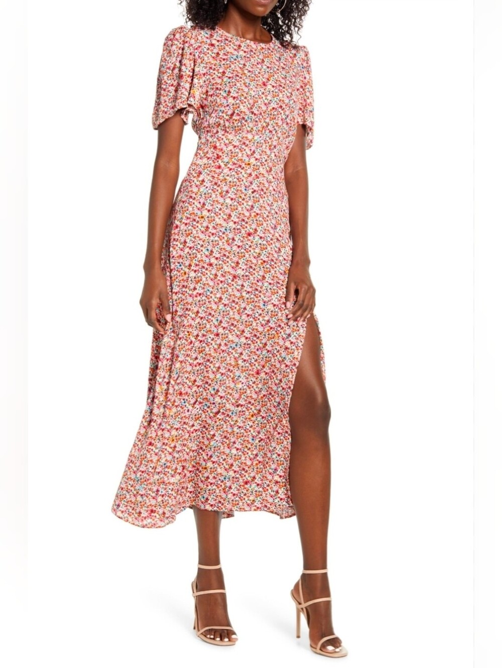 AFRM Red Multi Floral Midi Dress with Side Slit